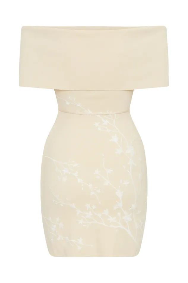 Women Meshki Dresses Mallory Off Shoulder Embroidered Knit Mini Dress 8211 Cream And Ivory