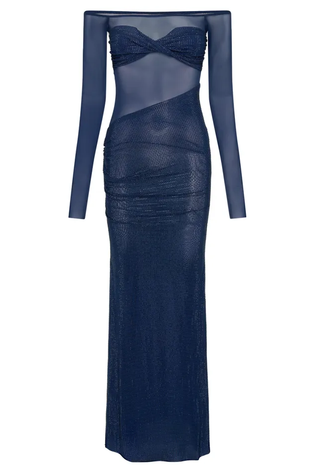 Women Meshki Dresses Nash Diamante Off Shoulder Maxi Dress 8211 Navy