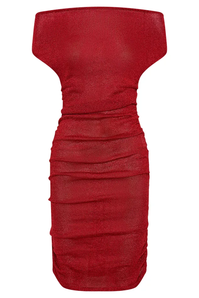 Women Meshki Dresses Pasha Off Shoulder Knit Mini Dress 8211 Red