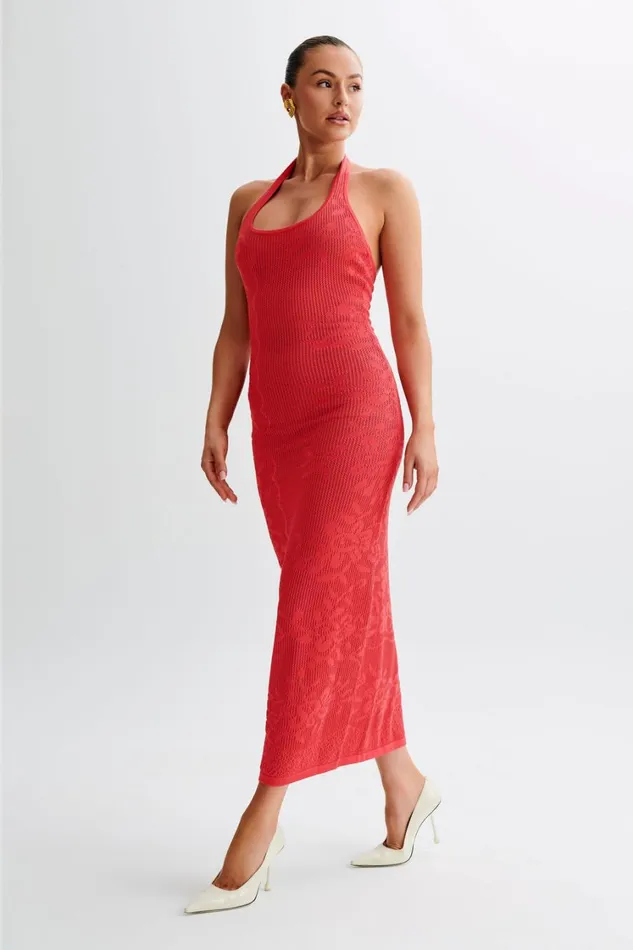 Women Meshki Dresses Patrizia Knit Halter Maxi Dress 8211 Pomegranate
