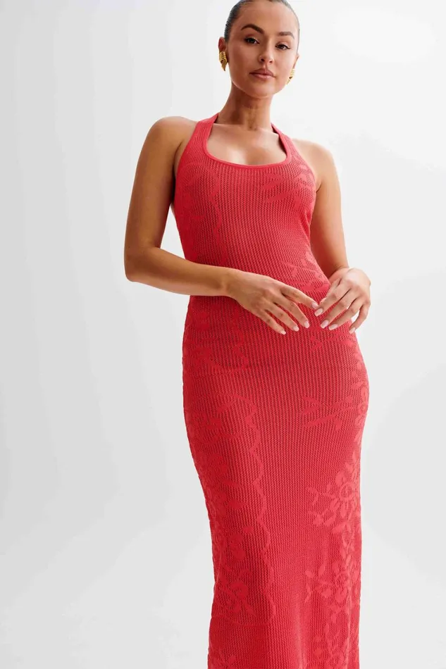 Women Meshki Dresses Patrizia Knit Halter Maxi Dress 8211 Pomegranate
