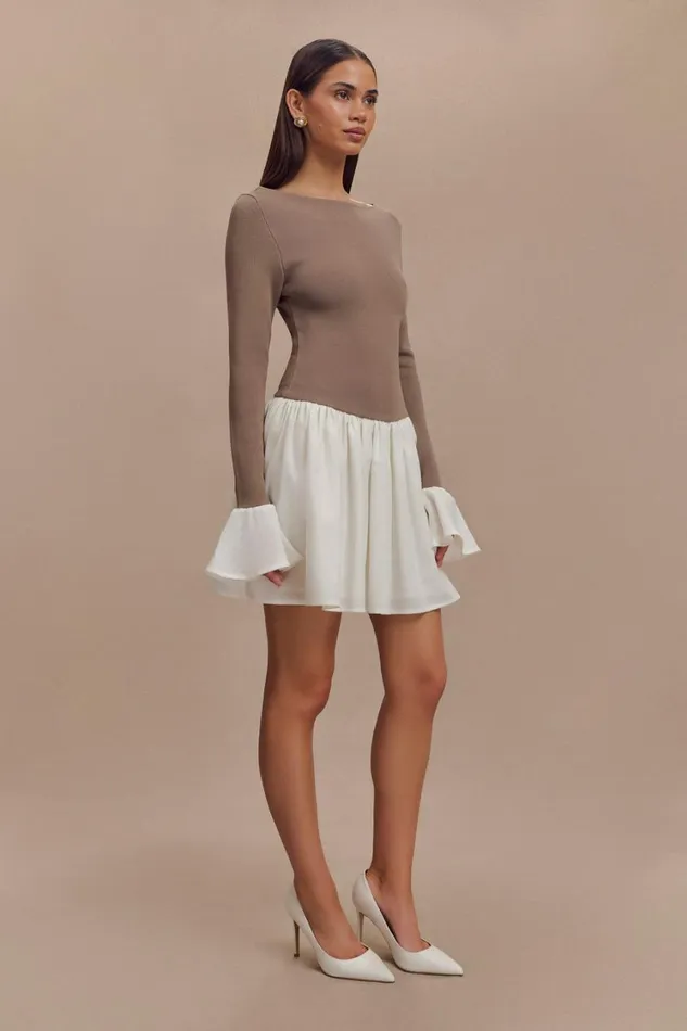 Women Meshki Dresses Sansa Knit And Linen Mini Dress 8211 Smoke and Ivory