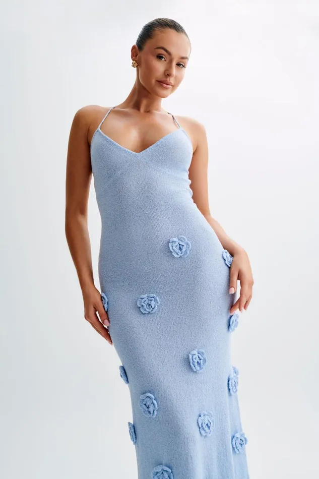Women Meshki Dresses Suki Knit Maxi Dress With Flowers 8211 Light Blue
