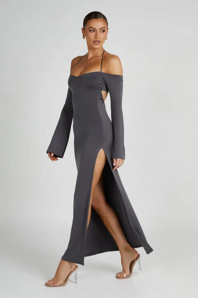 Women Meshki Dresses Tia Slinky Off Shoulder Maxi Dress 8211 Charcoal