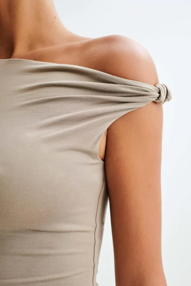 Women Meshki Tops Betty Short Sleeve Modal Top With Knot Shoulder 8211 Tawny Grey