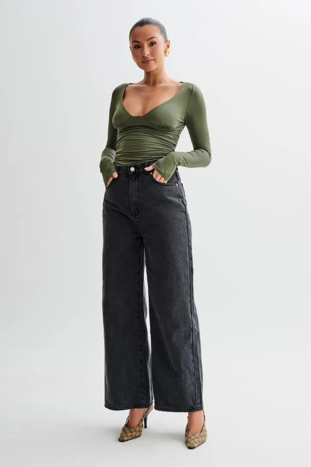 Women Meshki Tops Sutton Ruched Long Sleeve Top 8211 Military Olive