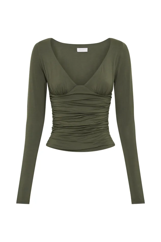 Women Meshki Tops Sutton Ruched Long Sleeve Top 8211 Military Olive