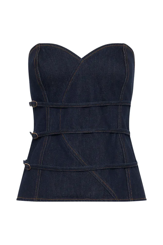 Women Meshki Tops Sylas Strapless Buckle Denim Top 8211 Indigo Blue