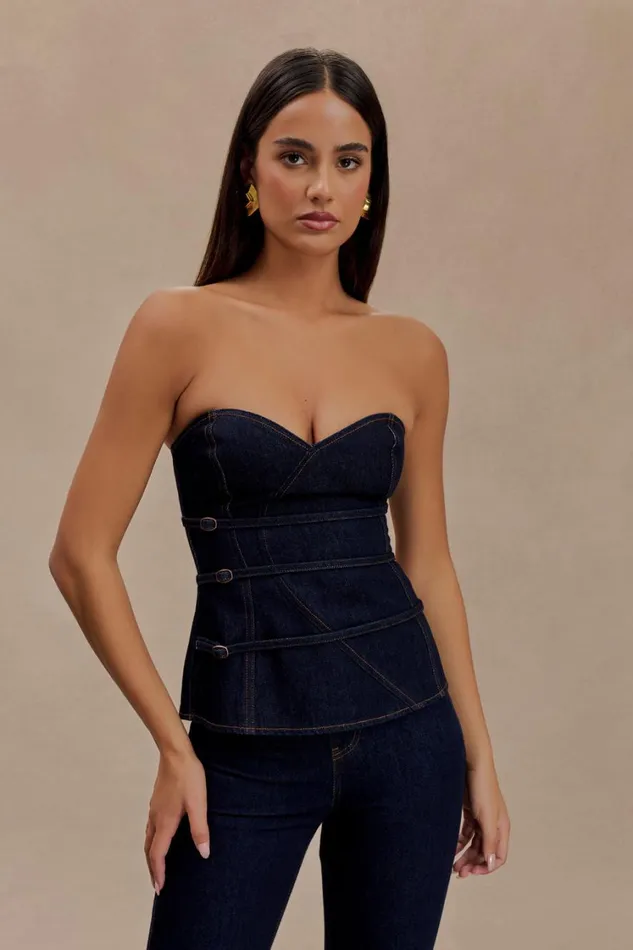 Women Meshki Tops Sylas Strapless Buckle Denim Top 8211 Indigo Blue