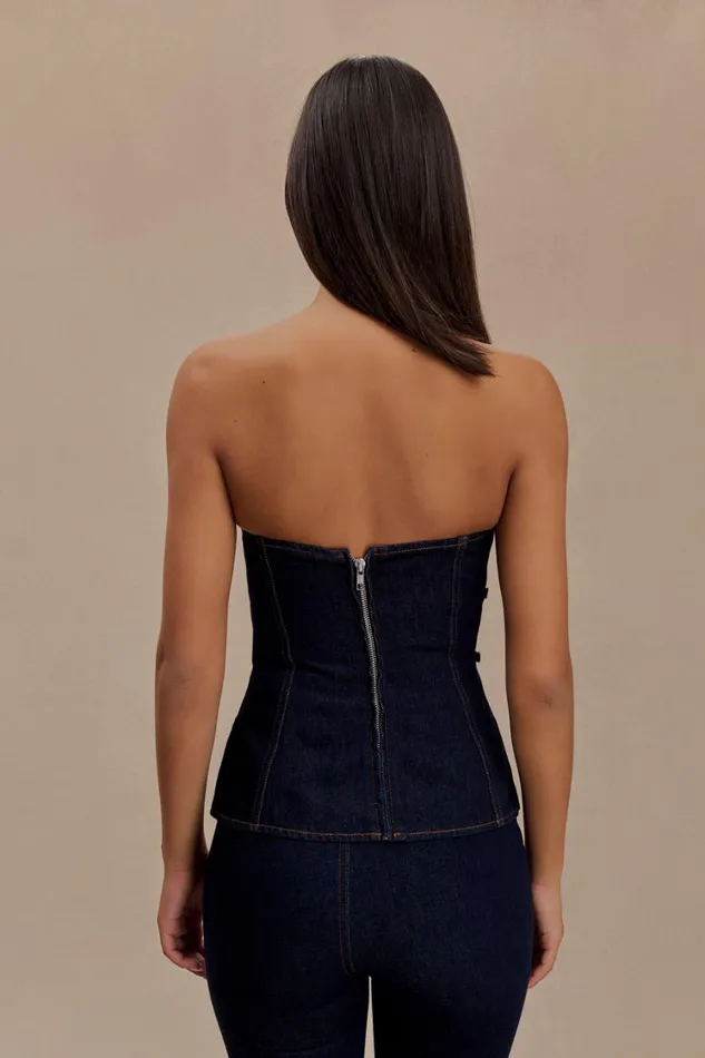 Women Meshki Tops Sylas Strapless Buckle Denim Top 8211 Indigo Blue