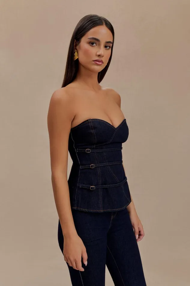 Women Meshki Tops Sylas Strapless Buckle Denim Top 8211 Indigo Blue