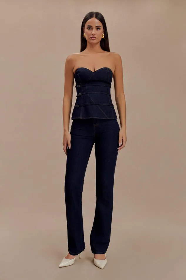 Women Meshki Tops Sylas Strapless Buckle Denim Top 8211 Indigo Blue