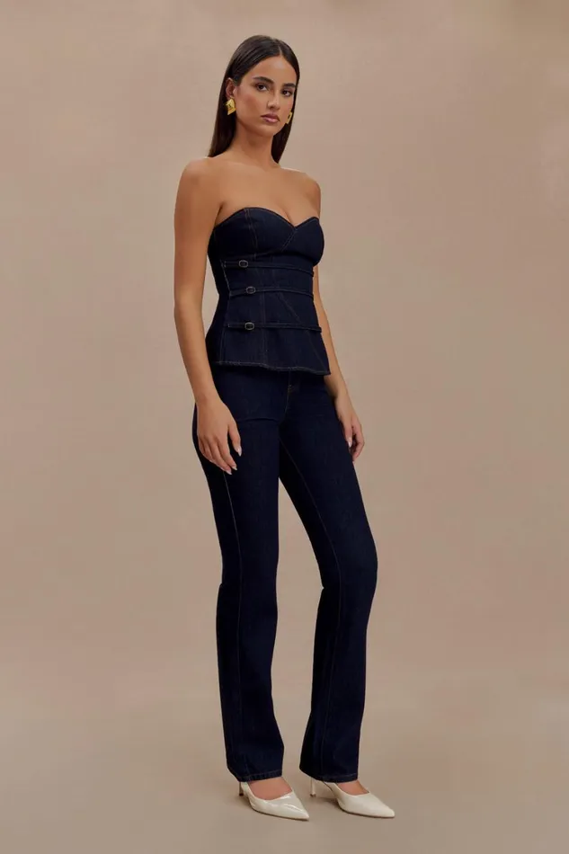 Women Meshki Tops Sylas Strapless Buckle Denim Top 8211 Indigo Blue