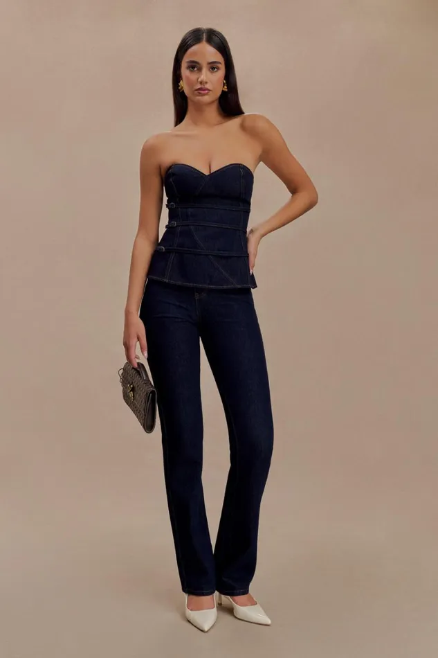 Women Meshki Tops Sylas Strapless Buckle Denim Top 8211 Indigo Blue