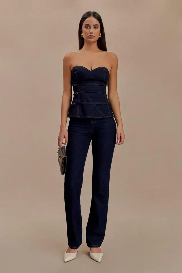 Women Meshki Tops Sylas Strapless Buckle Denim Top 8211 Indigo Blue
