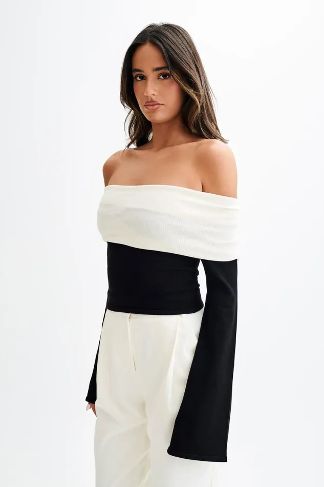 Women Meshki Tops Yoko Contrast Overlay Knit Top 8211 BlackWhite