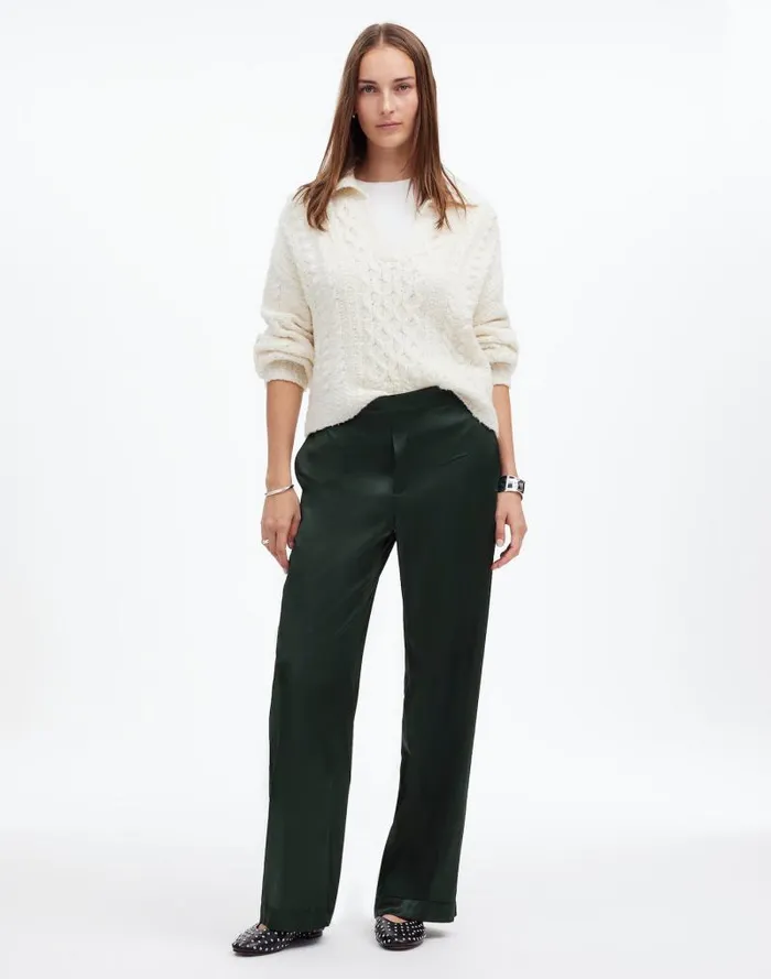 Women PullOn Straight Pants In Stretch Satin Luxury Forest Madewell Pants