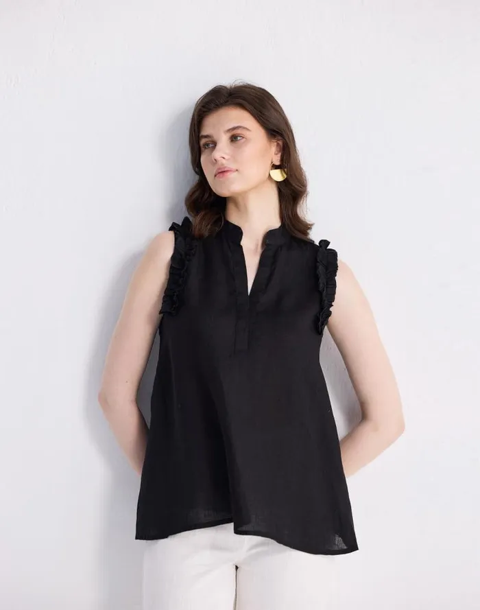Women Reistor Sleeveless 100 Hemp Top With Ruffles In Black Black Madewell Tops and Shirts