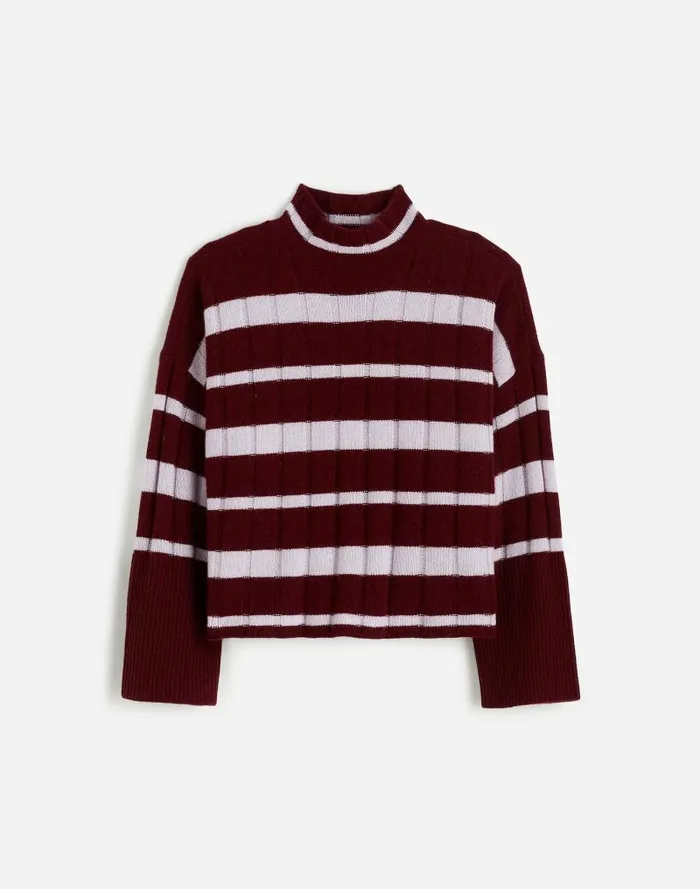 Women Ribbed CashmereWool Blend Pullover Sweater Cabernet Stripe Madewell Sweaters