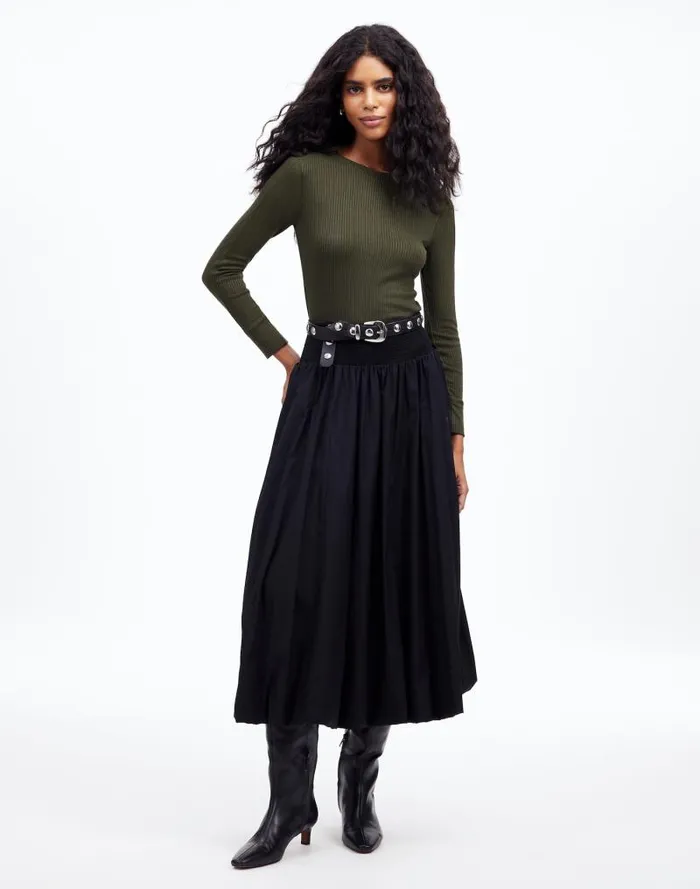 Women Ribbed Crewneck LongSleeve Tee Mossy Umber Madewell Tees