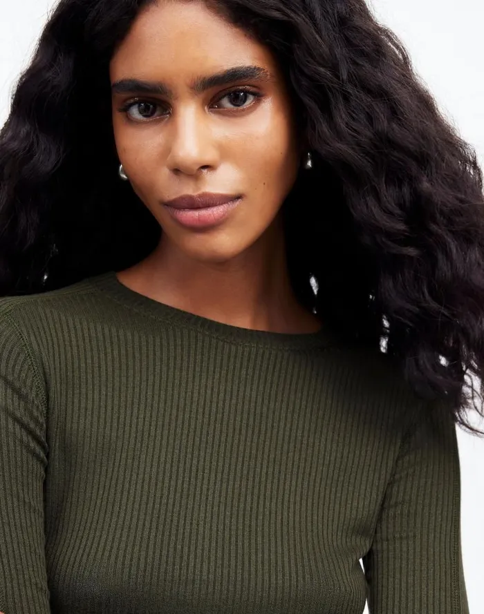 Women Ribbed Crewneck LongSleeve Tee Mossy Umber Madewell Tees