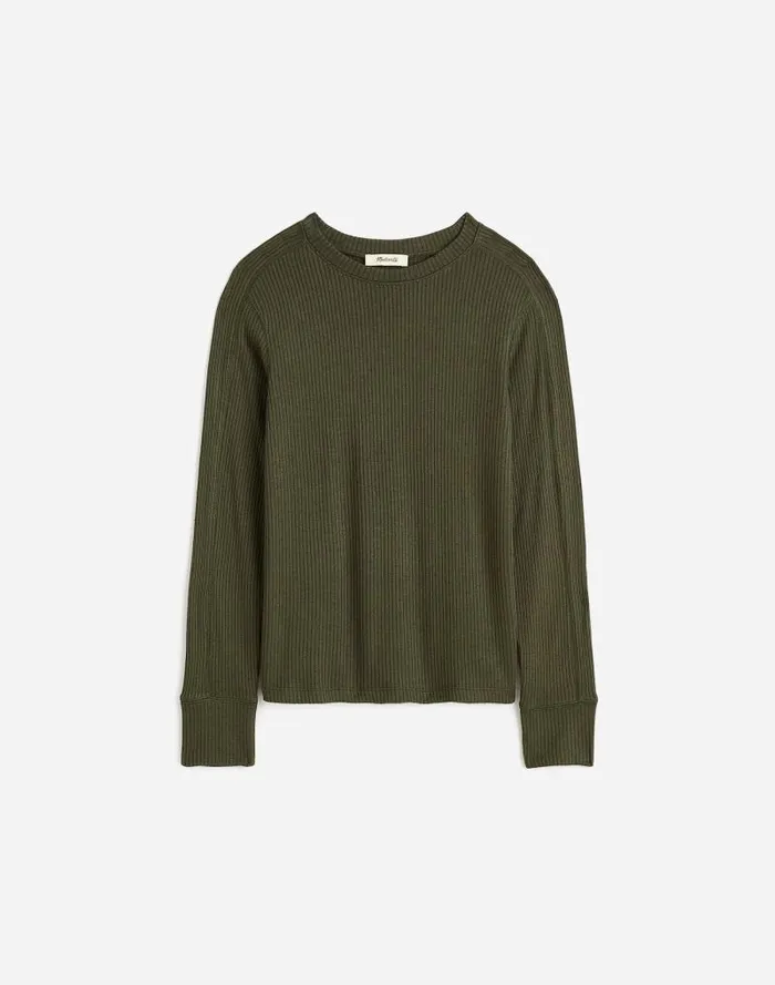 Women Ribbed Crewneck LongSleeve Tee Mossy Umber Madewell Tees