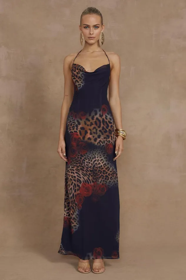 Women Slip Dresses Runaway The Label BENITO MAXI DRESS Black Leopard