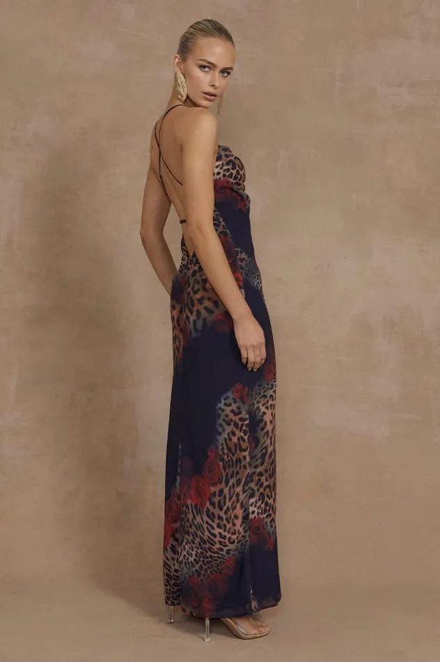 Women Slip Dresses Runaway The Label BENITO MAXI DRESS Black Leopard