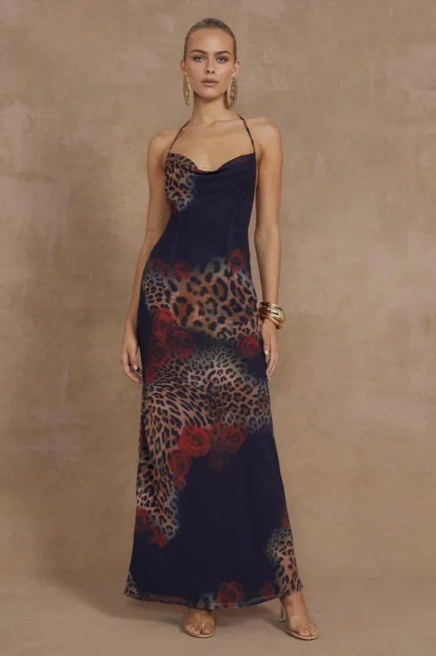 Women Slip Dresses Runaway The Label BENITO MAXI DRESS Black Leopard