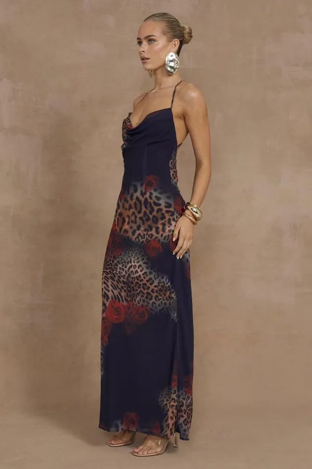 Women Slip Dresses Runaway The Label BENITO MAXI DRESS Black Leopard