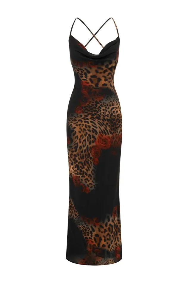Women Slip Dresses Runaway The Label BENITO MAXI DRESS Black Leopard