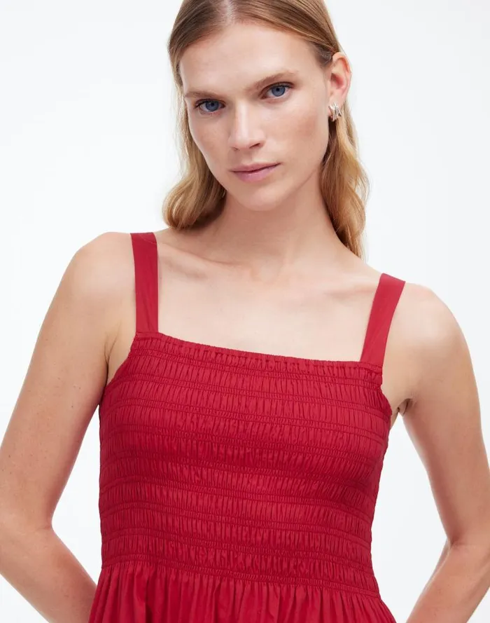 Women Smocked Tiered Maxi Dress Solid Crimson Berry Madewell Dresses