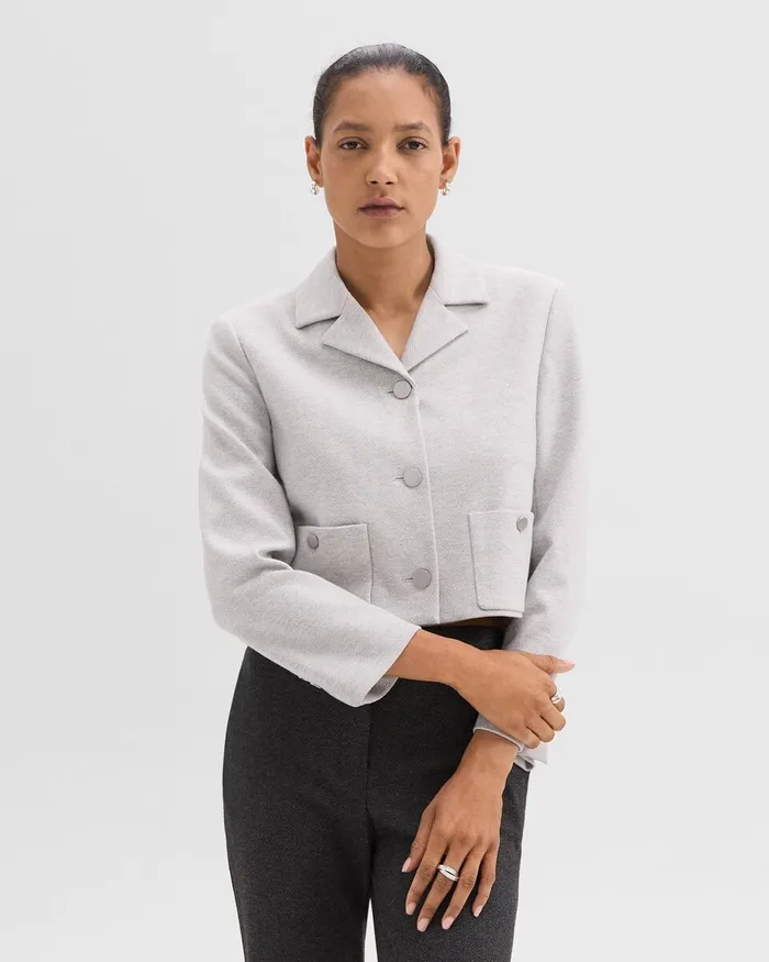 Women Theory Blazers Jackets Boxy Patch Pocket Blazer In Herringbone Knit Light Grey Melange Women Theory Blazers Jackets Boxy Patch Pocket Blazer In Herringbone Knit Light Grey Melange