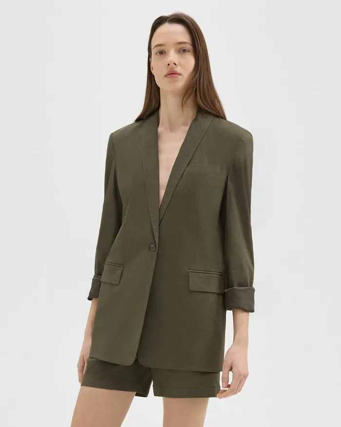 Women Theory Blazers Jackets Rolled Sleeve Blazer In Stretch Linen Dark Olive Women Theory Blazers Jackets Rolled Sleeve Blazer In Stretch Linen Dark Olive