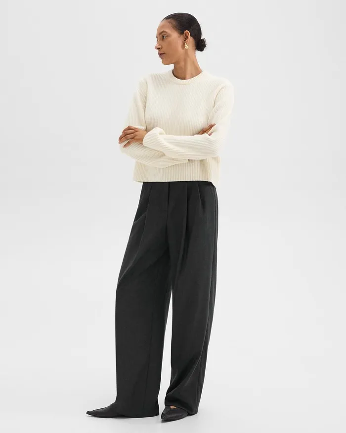 Women Theory Pants Double Pleat Pant In Sleek Flannel New Charcoal Melange