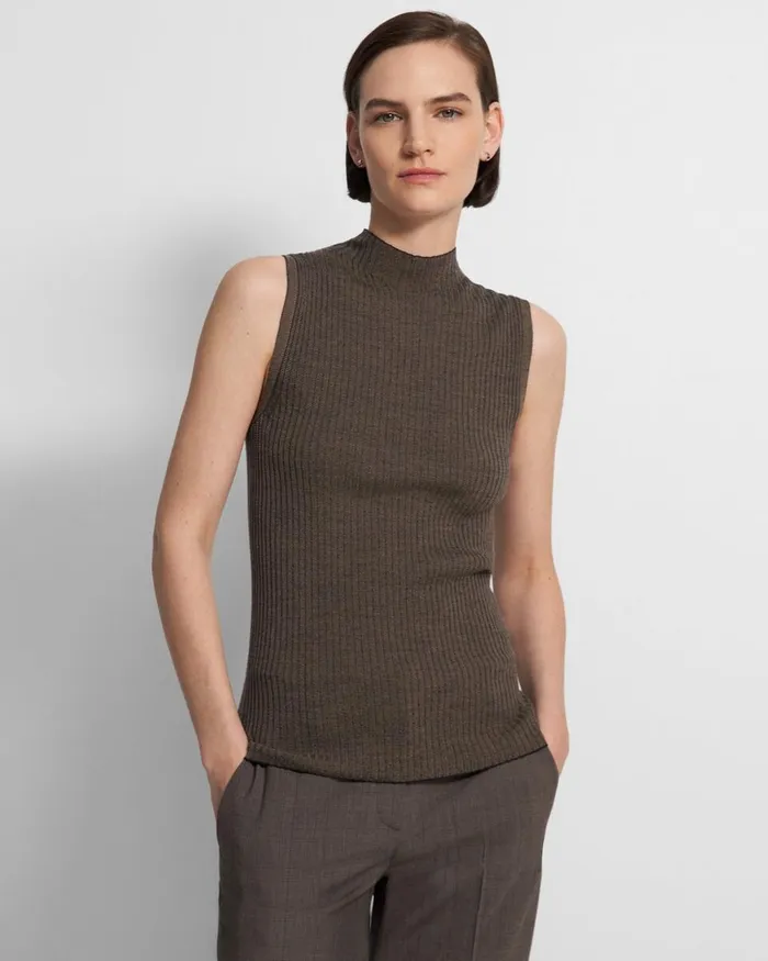 Women Theory Sweaters Cardigans Sleeveless Mock Neck Sweater In Regal Wool Deep Navydark Beige Women Theory Sweaters Cardigans Sleeveless Mock Neck Sweater In Regal Wool Deep Navydark Beige