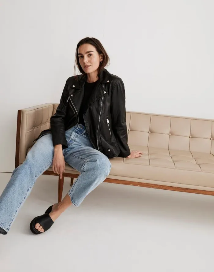Women Washed Leather Oversized Motorcycle Jacket True Black Madewell Coats Jackets